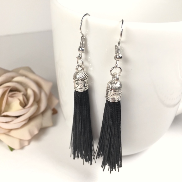 Black Tassel Drop Earrings - Picture 4 of 4